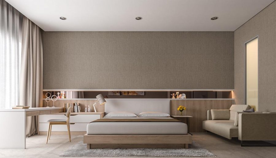 Thiết kế tường gỗ này có kiểu dáng đẹp, tinh tế và tạo thêm sự hấp dẫn tự nhiên ấm áp cho phòng ngủ