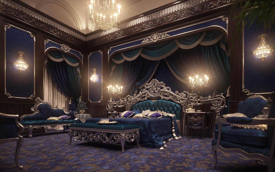 Phòng ngủ cổ điển gây ấn tượng bởi gam màu xanh ấm áp nhưng không kém phần sang trọng