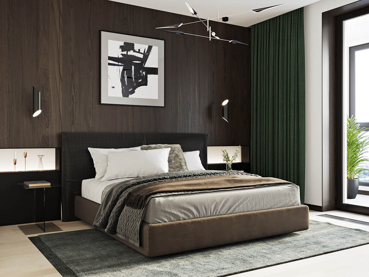 Trong giường ngủ chính, thiết kế hiện đại của đèn treo trong phòng ngủ trông trở nên sắc nét hơn trên bức tường bằng gỗ
