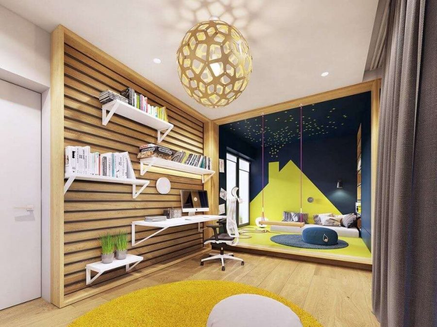Không gian độc lập với gam màu xanh dương và vàng chanh trong phòng ngủ của trẻ