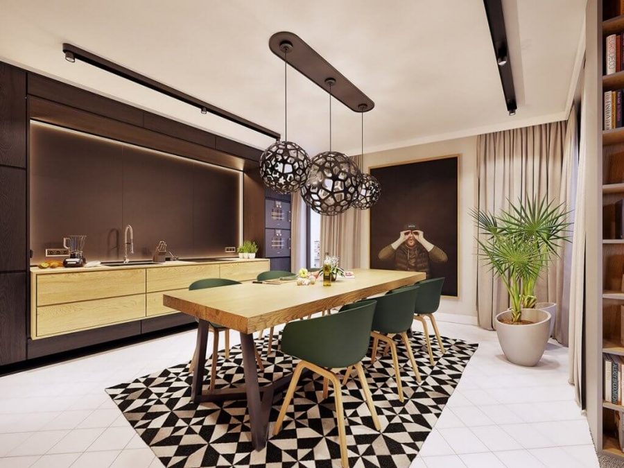 thiết kế căn hộ 120m2 với không gian phòng bếp kết hợp phòng ăn với một khoảng gạch hoa nổi bật
