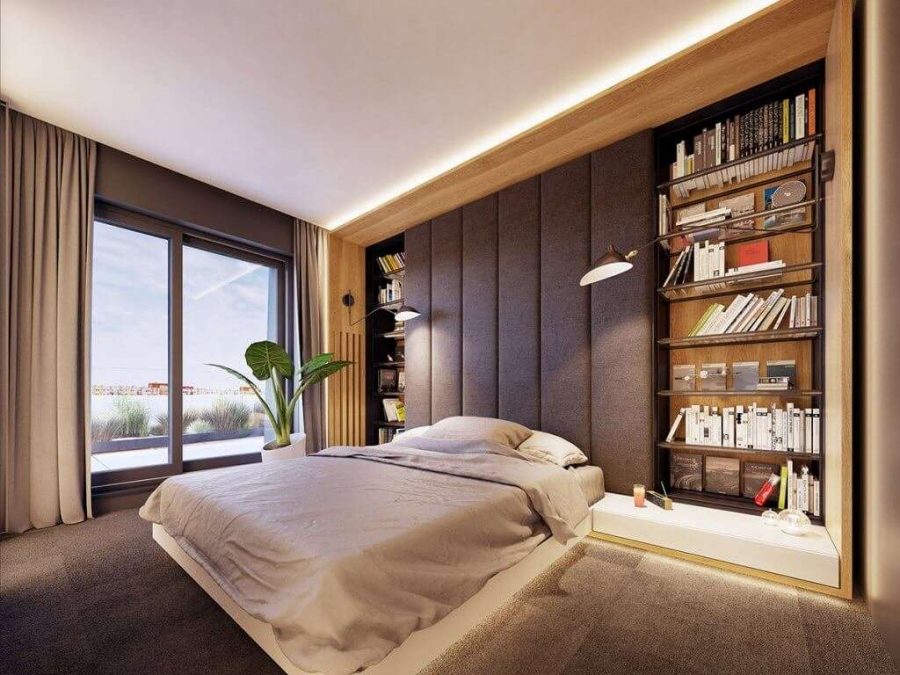 thiết kế căn hộ 120m2 với không gian phòng ngủ cực kỳ sang trọng với gam màu xám chủ đạo