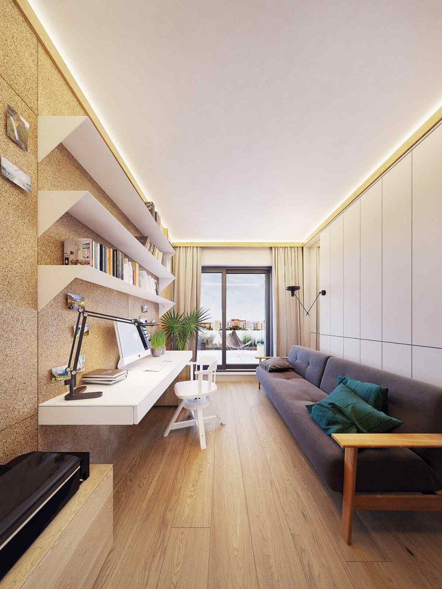 thiết kế căn hộ 120m2 với phòng làm việc tràn ngập ánh sáng với hệ thống cửa kính cường lực chắc chắn