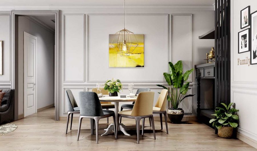 Khu vực ăn uống sử dụng những món đồ nội thất và màu sắc tương đồng tạo nên sự hòa hợp cho cả không gian ngôi nhà