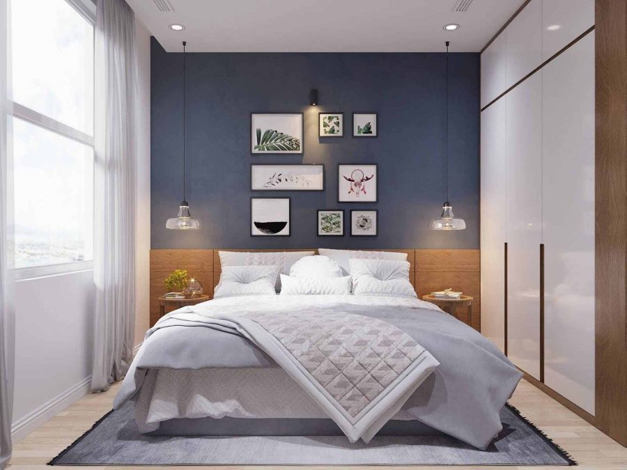 Phòng ngủ sở hữu nét đẹp hiện đại với gam màu trắng chủ đạo kết hợp thêm chút sắc xanh tạo nên sự dịu nhẹ trong căn phòng